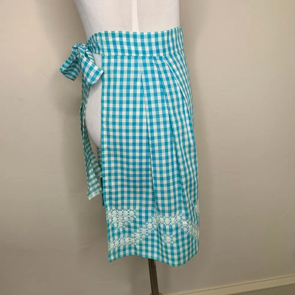 Vintage Turquoise Gingham Half Apron Hand Embroidered OSFM